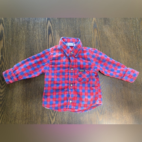 Vintage Osh Kosh Red Blue Plaid Flannel Button Down Shirt Winter Size 12 Month - Picture 1 of 8